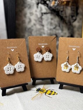 White Floral Button Earrings | Cottagecore Handmade Jewelry